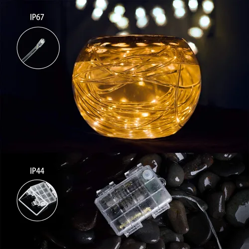 Vista 2 de Tira de luces LED que funciona con pilas, cadena de luces de hadas de 40 pies, 120 LEDs, 8 modos, para exteriores, impermeable