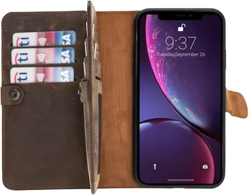Vista 57 de HARDISTON Funda de piel auténtica de alta calidad hecha a mano para iPhone 7/8 / SE doble folio tarjetero - Funda magnética desmontable - Soporte