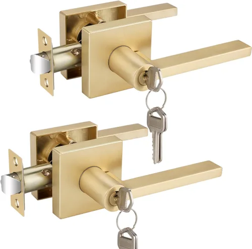 Vista 22 de EHOMEWARE Juego de manijas dobles para puerta delantera, paquete de 1 manija de puerta cuadrada de latón satinado, combinación de perilla de puerta
