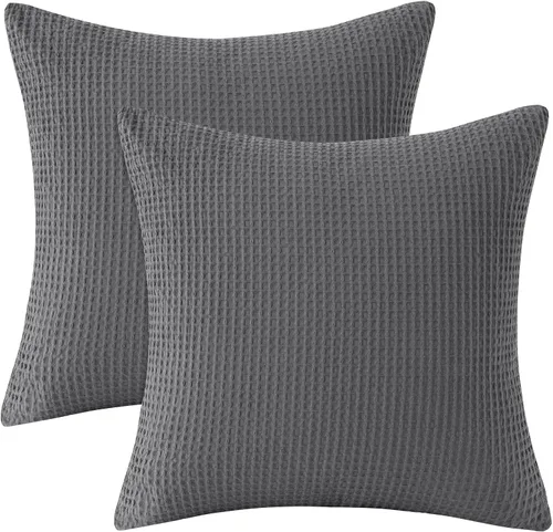 Vista 8 de PHF Funda de almohada 100% algodón con tejido de gofre, 24 x 24 pulgadas, sin relleno, paquete de 2 elegantes fundas de almohada cuadradas Gris