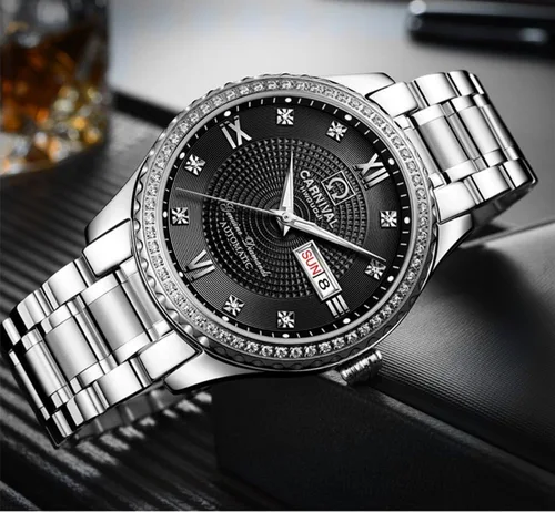 Vista 5 de MASTOP Relojes automáticos de lujo para hombre, reloj de pulsera de acero inoxidable dorado y plateado