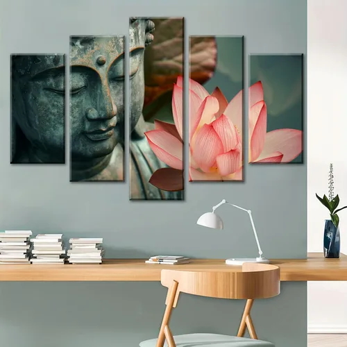 Vista 6 de NAN Wind 5 piezas de lienzo de flor de loto zen de Buda Zen, decoración espiritual para meditación, decoración pacífica del hogar, simbolismo