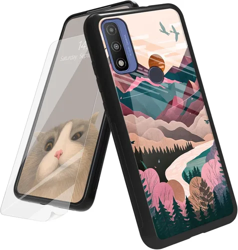 Vista 111 de Funda para Motorola Moto G Play 4G 2024 con protector de pantalla, parte trasera de vidrio templado + funda de silicona suave TPU absorción