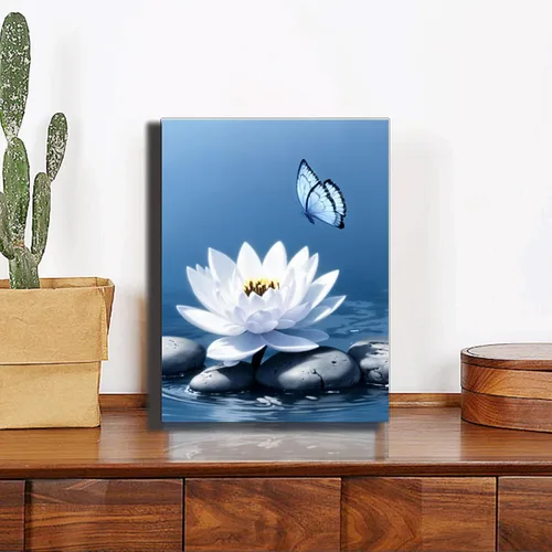 Vista 6 de Lwlaboc Lienzo Zen Impresiones de arte de pared de loto azul marino, flores de loto blanco y mariposa, decoración de pared para meditación
