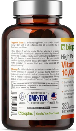 Vista 3 de biophix Vitamina D-3 10000 UI 380 cápsulas blandas - Alta potencia en aceite de oliva virgen extra sin OMG sin soja apoya la salud inmunológica
