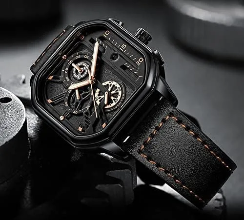 Vista 3 de putouzip Men Square Watch Analog Quartz Luminous Stainless Steel Leather Wristwatch Date Waterproof Chronograph