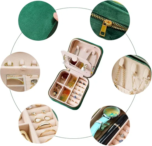 Vista 2 de Janhavi Joyero de viaje personalizado de terciopelo de felpa para mujer, joyero pequeño con inicial, artículos esenciales de viaje, organizador