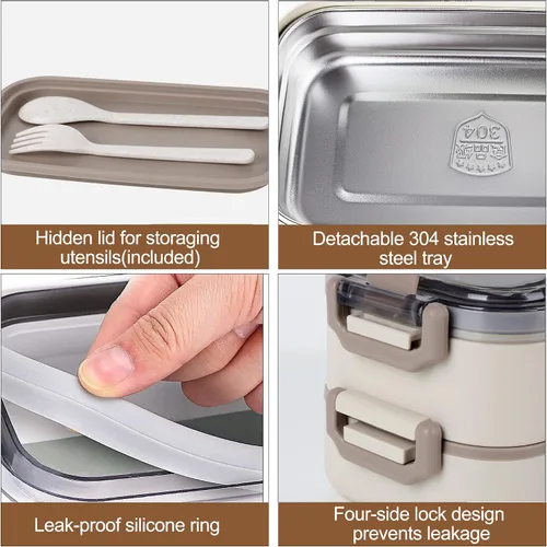Vista 7 de Caja Bento de acero inoxidable para adultos y niños, lonchera japonesa a prueba de fugas, recipientes divididos para alimentos y comidas, juego