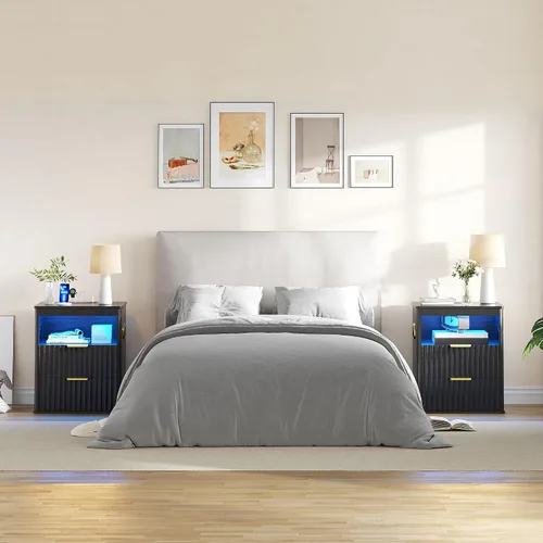Vista 9 de Gurexl Mesita de noche inteligente con altavoz Bluetooth, moderna mesita de noche con luces LED RGB y estación de carga inalámbrica, soporte