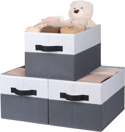 Vista 11 de WUIKE Cestas de almacenamiento para estantes, contenedores de almacenamiento de tela con asas, cesta plegable para estantes organizadores y Beige