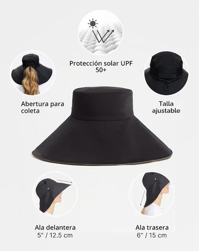 Vista 3 de Solbari Sombrero de ala ultra ancha UPF 50+ plegable con protección solar UV con ala de cobertura completa Negro / Beige