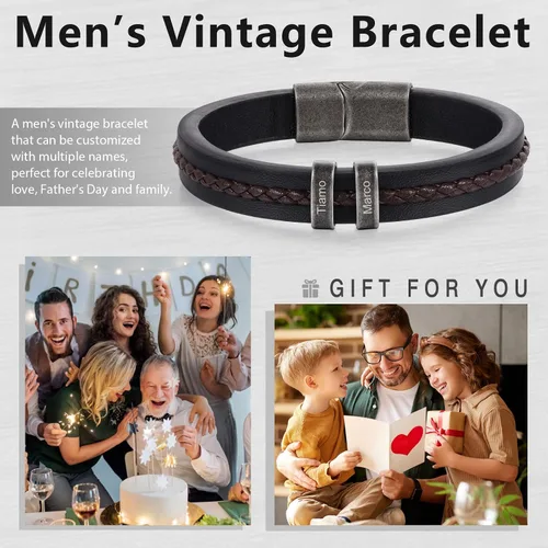 Vista 6 de Pulseras personalizadas con nombre para hombre, pulsera de cuero para hombre con 2-5 nombres de niños, regalos personalizados para papá, esposo, hijo