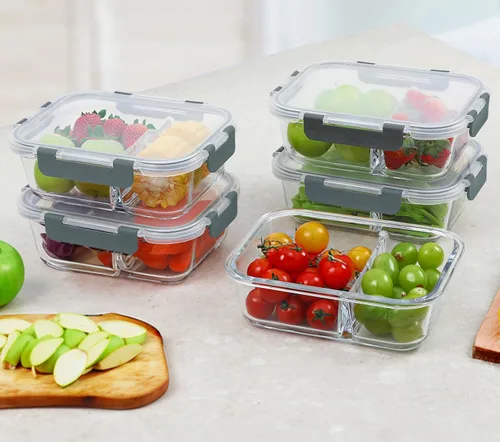 Vista 6 de M MCIRCO - Paquete de 10, 30 onzas, 2 compartimentos de vidrio para preparación de comidas con tapas Divided Glass Food Storage Containers