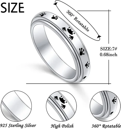 Vista 6 de Anillo de plata de ley con diseño de pata de rana, anillos giratorios para la ansiedad para mujeres y adolescentes