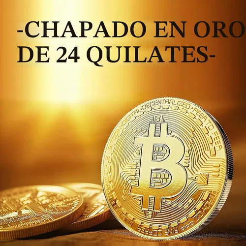 Vista 2 de Bitcoin físico chapado en oro de 24 quilates. Un verdadero artículo de coleccionista con funda protectora