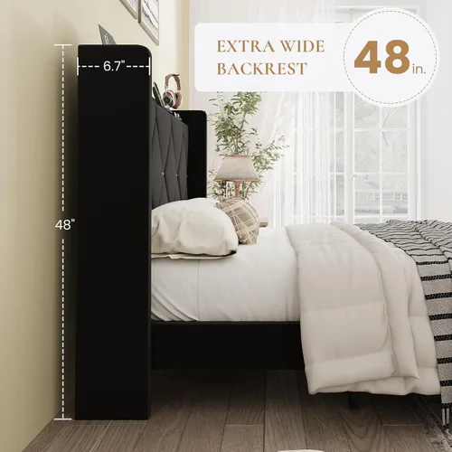 Vista 7 de SHA CERLIN Base de cama tapizada de terciopelo de tamaño matrimonial con estación de carga, moderna cabecera de almacenamiento con respaldo de ala