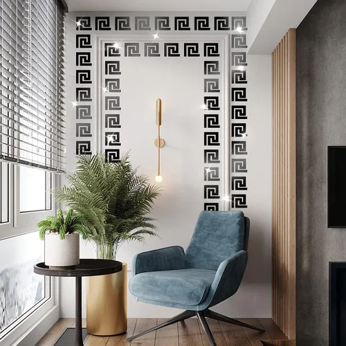 Vista 3 de Juego de calcomanías de pared acrílicas para bricolaje, calcomanías de pared de espejo para sala de estar, dormitorio (llave griega negra)