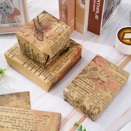 Vista 5 de 12 hojas de papel de envoltura vintage floral retro de periódico kraft para regalo, papel artesanal para manualidades en rosa, papel para envolver