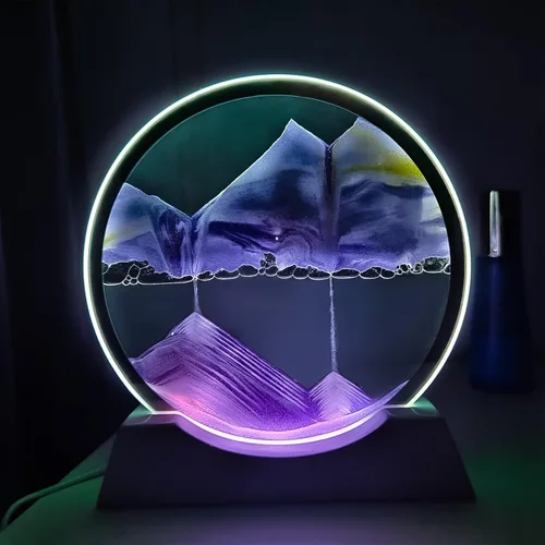 Vista 2 de Akaco Arte de Arena Líquido en Movimiento con Luz Base de Madera Blanca Clara, Arte de Arena en Movimiento, Vidrio Redondo, Flujo de Arena, Pintura