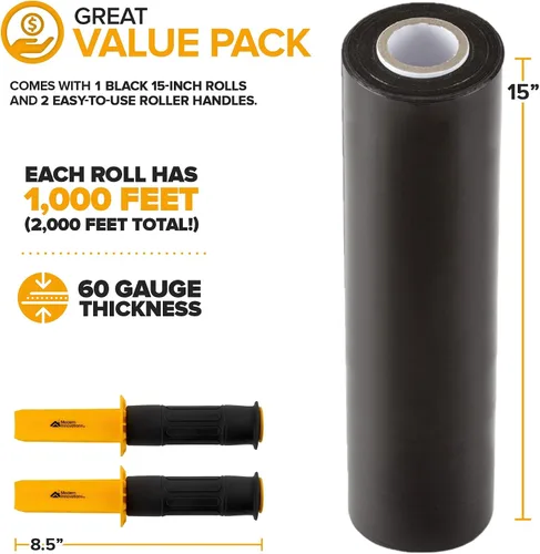 Vista 8 de Modern Innovations Rollo de envoltura elástica negro de 15 pulgadas con asas (1 rollo de 1000 pies), envoltura retráctil resistente para mudanzas
