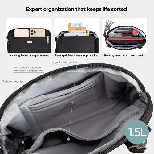 Vista 7 de Travelon Bandolera y cangurera convertible clásica antirrobo, Negro