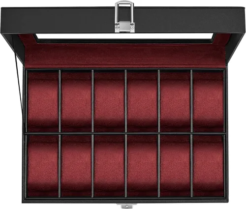Vista 7 de SONGMICS Caja de reloj, caja de reloj de 12 ranuras con tapa de vidrio grande, almohadas extraíbles para reloj, organizador de caja de reloj, regalo