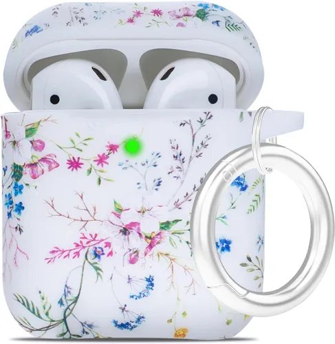 Vista 42 de LitoDream - Funda de silicona suave y flexible con llavero para Apple AirPods 2 y 1, para niñas (vaca; blanco con cactus)