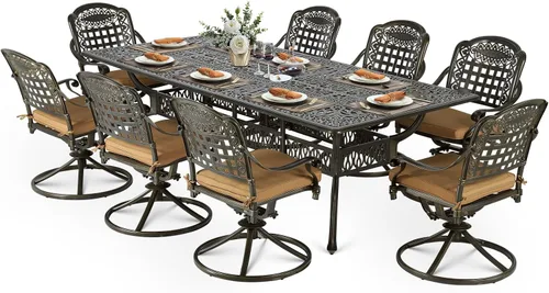 Vista 30 de VIVIJASON Juego de comedor al aire libre de 9 piezas, juego de mesa y sillas de patio de aluminio fundido para 8, incluye mesa rectangular de 94.5