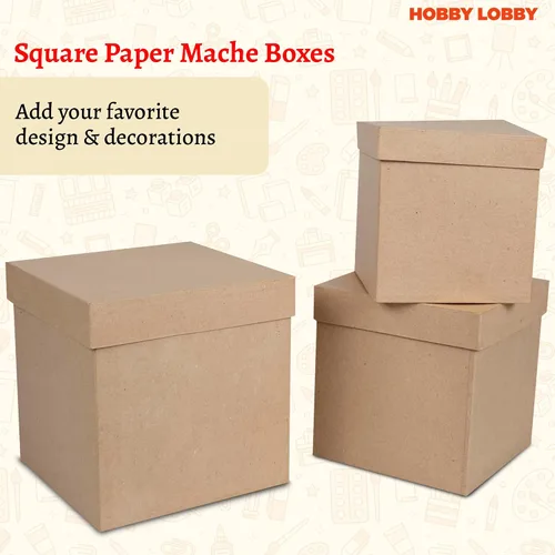 Vista 2 de Cajas de papel maché cuadradas con tapas (juego de 3) - Cajas de regalo marrón de papel kraft anidadas - Caja de papel maché apilable