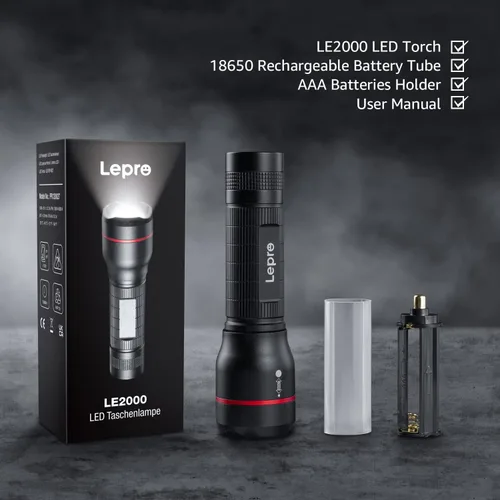 Vista 5 de Lepro Linternas LED LE2000 de alto lúmenes, 5 modos de iluminación, zoomable, impermeable, linterna de tamaño de bolsillo para exteriores