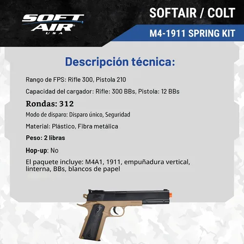 Vista 7 de Soft Air Colt RIS Spring Airsoft Rifle and Pistol On-Duty Kit de servicio, color marrón