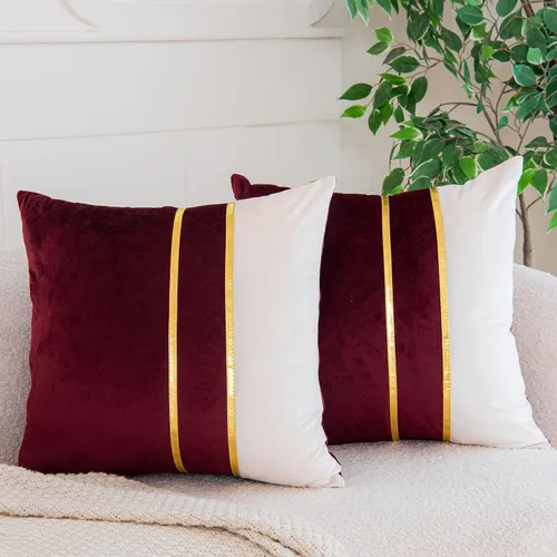 Vista 7 de WACOMECO Fundas de almohada de terciopelo, paquete de 2 fundas de cojín decorativas suaves con cuero dorado para sofá, dormitorio, sala de estar