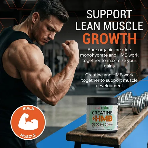 Vista 4 de LIVEGOOD Monohidrato de creatina con HMB para crecimiento muscular magro y recuperación - Polvo de creatina HMB para hombres y mujeres - Creatina