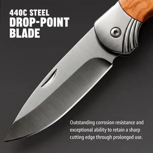 Vista 5 de Para Hombre - Cuchillo de bolsillo plegable con mango de madera -Grand Way 6651 3. Madera dorada