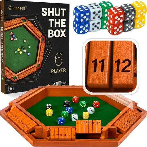 Vista 11 de Shut The Box Game Tablero de madera para 4 jugadores, juego de 14 pulgadas, 12 números para adultos y niños, ideal para noche