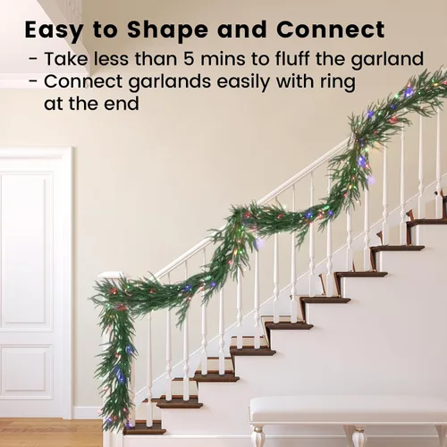 Vista 7 de Guirnalda de Navidad de pino Norfolk preiluminada de 6 pies con luces LED y control remoto – Guirnalda iluminada a pilas para repisa de chimenea