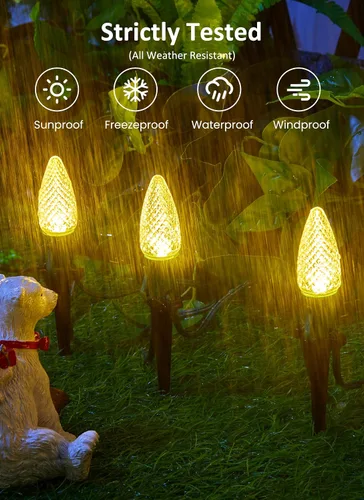Vista 2 de Tira de luces LED estilo sendero de Navidad para exteriores; tira de 20 luces LED C9 con carcasa de fresa y estaca, interconectables, luz cálida