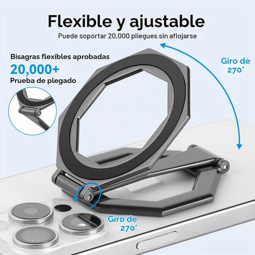 Vista 2 de Soporte magnético octogonal plegable de 360° giratorio para teléfono de escritorio de automóvil, uso universal, compatible con iPhone 12-17 Pro Negro