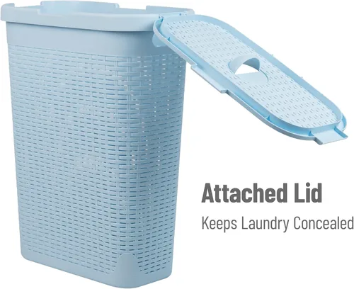 Vista 5 de Mind Reader Cesta de lavandería delgada con tapa, cesta de ropa de 40 L, diseño de mimbre premium, plástico, azul bebé