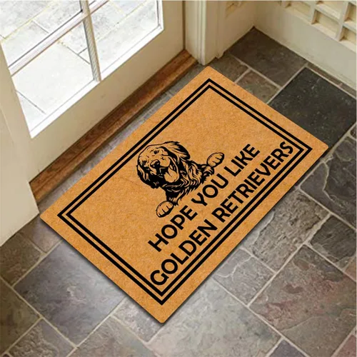 Vista 4 de MjiejieM Divertidos felpudos con texto en inglés "Hope You Like Golden Retrievers", tapete de bienvenida para interiores y exteriores, tapete