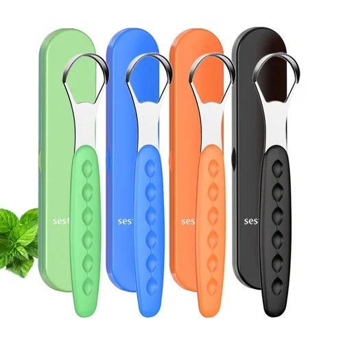 Vista 7 de Nueva versión limpiador raspador de lengua para adultos y niños, juego de cepillos de lengua de metal de grado médico para aliento fresco dental