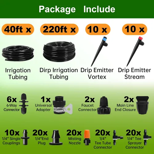 Vista 7 de Kit de sistema de riego por goteo de 260 pies, sistema automático de riego de jardín con tubo de 2/5 pulgadas y 1/4 pulgadas para invernadero
