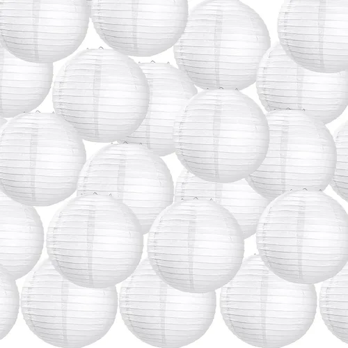 Vista 10 de Treela Faroles de papel japoneses chinos blancos decorativos colgantes redondos de papel para decoración de bodas, fiestas de cumpleaños