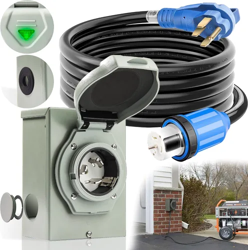 Vista 10 de Cable generador de 30 amperios y caja de entrada de alimentación [preperforada], cables de generador de 25 pies de 30 amperios, 125/250 voltios
