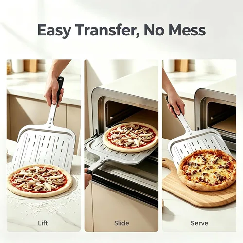 Vista 5 de Pala de pizza de 12 pulgadas, pala grande de aluminio para pizza con mango ergonómico largo y superficie antiadherente perforada, accesorios