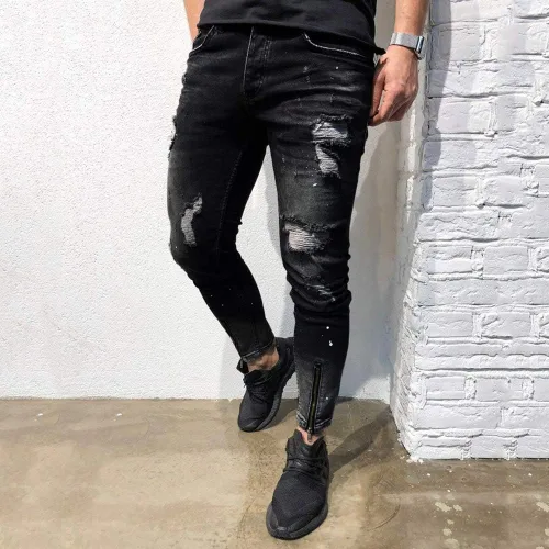 Vista 4 de TIMEMEANS Pantalones de mezclilla ajustados elásticos para hombre, desgastados, rasgados, pantalones de mezclilla ajustados