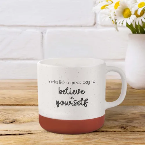 Vista 4 de Canopy Street Taza de café de cerámica moteada de 13 onzas con texto en inglés «Looks Like A Great Day To Believe In Yourself», taza de café
