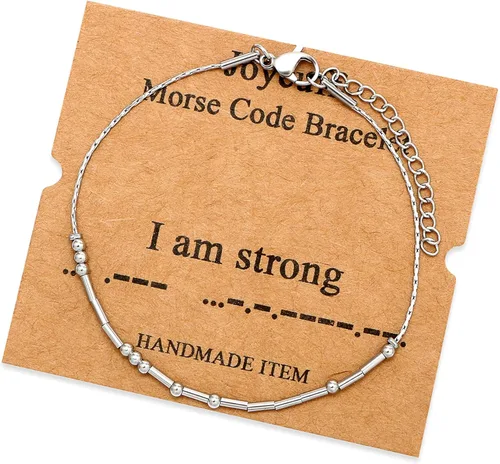 Vista 11 de JoycuFF Pulseras inspiradoras de código morse para mujeres, cuentas de plata, joyería con mantra de motivación, regalos para ella