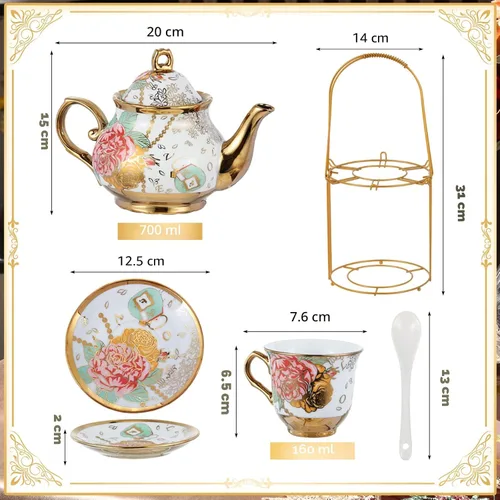 Vista 2 de Zhehao Juego de té de porcelana de 20 piezas con soporte de metal y cuchara para adultos, juego de té de cerámica para adultos, pintura de flores