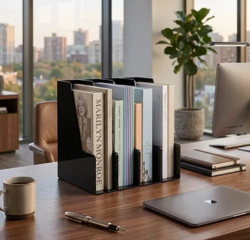 Vista 8 de LALOBLUE Paquete de 4 contenedores organizadores de escritorio verticales negros Plástico, para revistas, carpetas, cuadernos, sobres, paquete